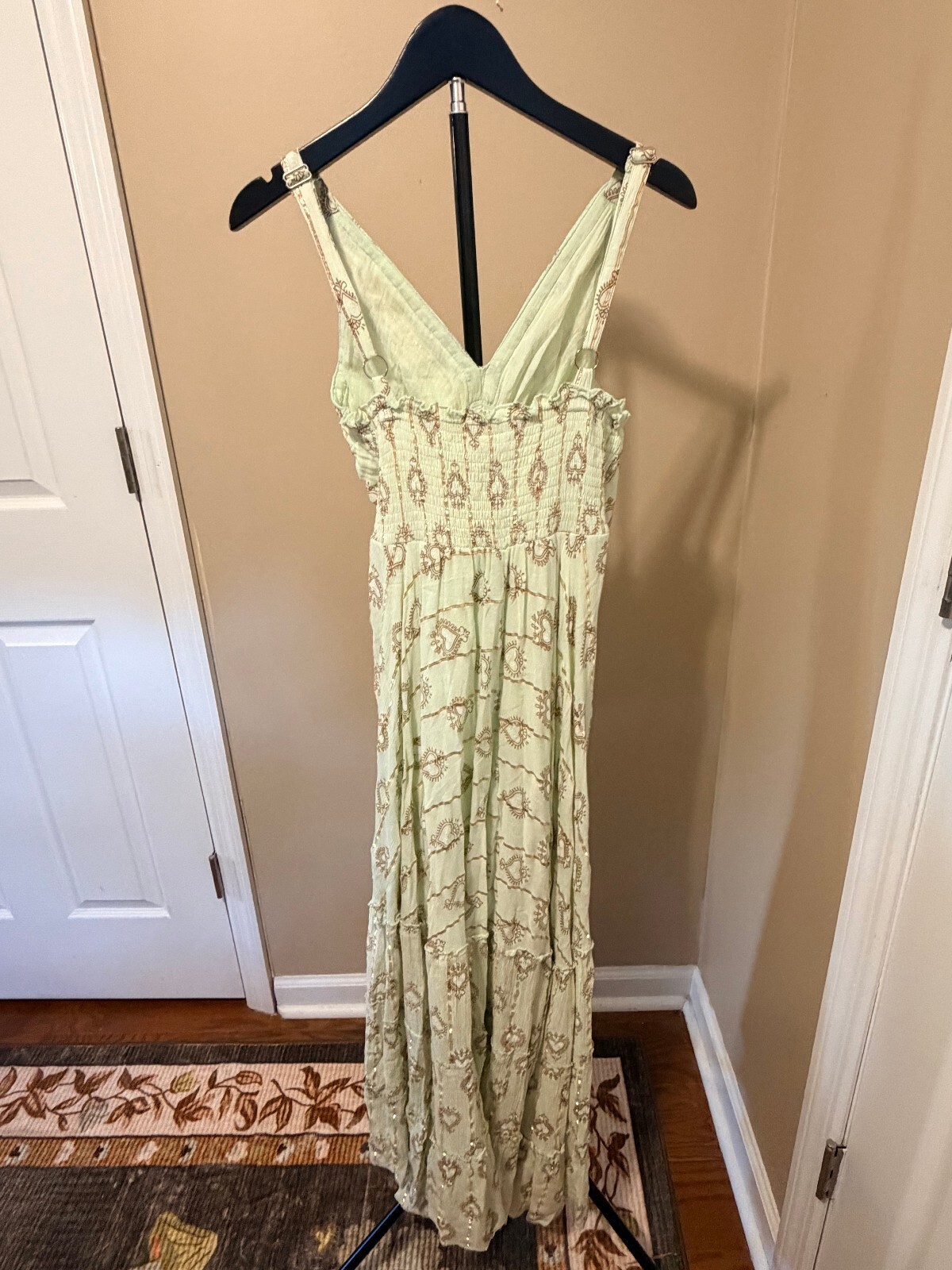 Ananta One Size Mint Boho Maxi Dress Sequin Trim Paisley Tassel Resort Beach