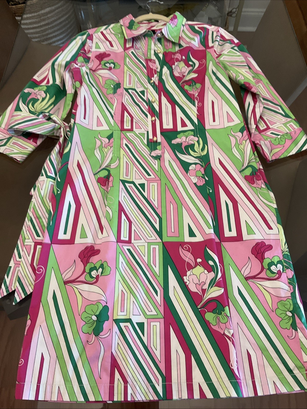 Talbots Mod short Dress With Belt Gold Buttons size 12 pink And Hreen