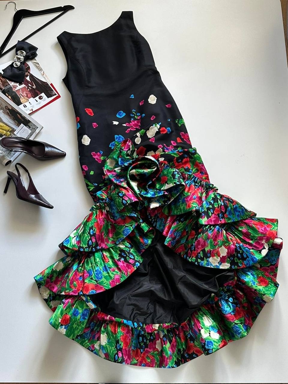 Oscar de la Renta 2008 Runway Silk Faille Floral Ruffle Gown Sz 14