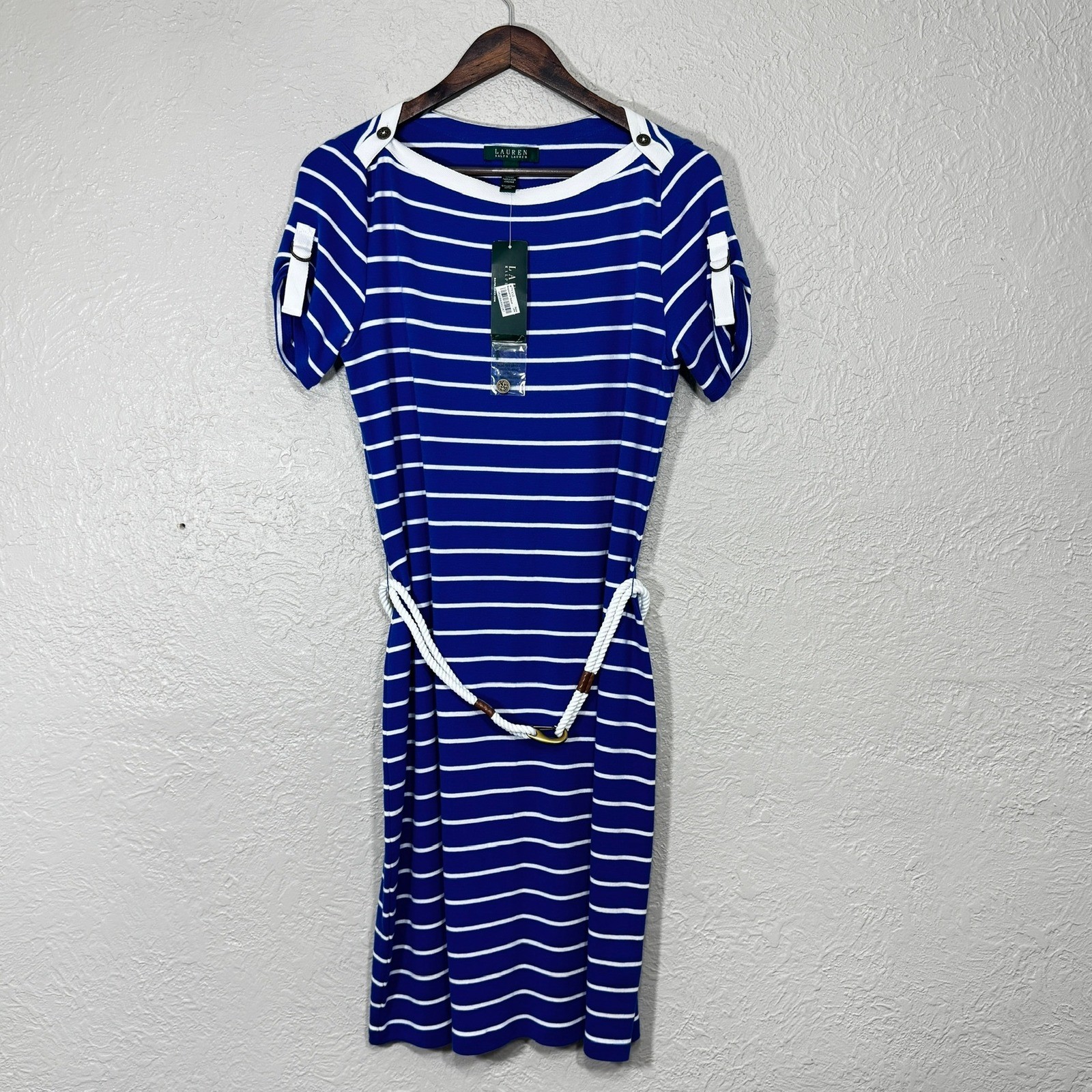 Lauren Ralph Lauren Midi Dress Cotton Nautical Sailor Preppy Rope Belt Vtg New