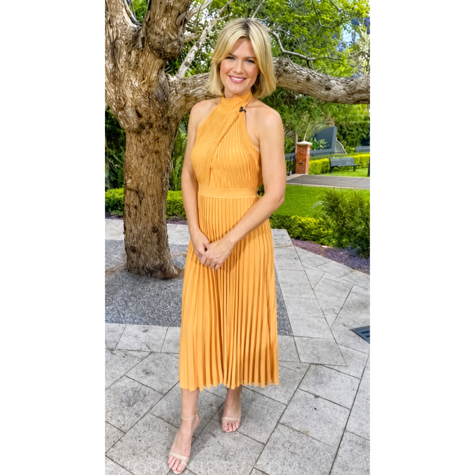 Scanlan Theodore Dress Midi Medium / AU 10 /US 6 Pleated Rib Halter Orange Peach