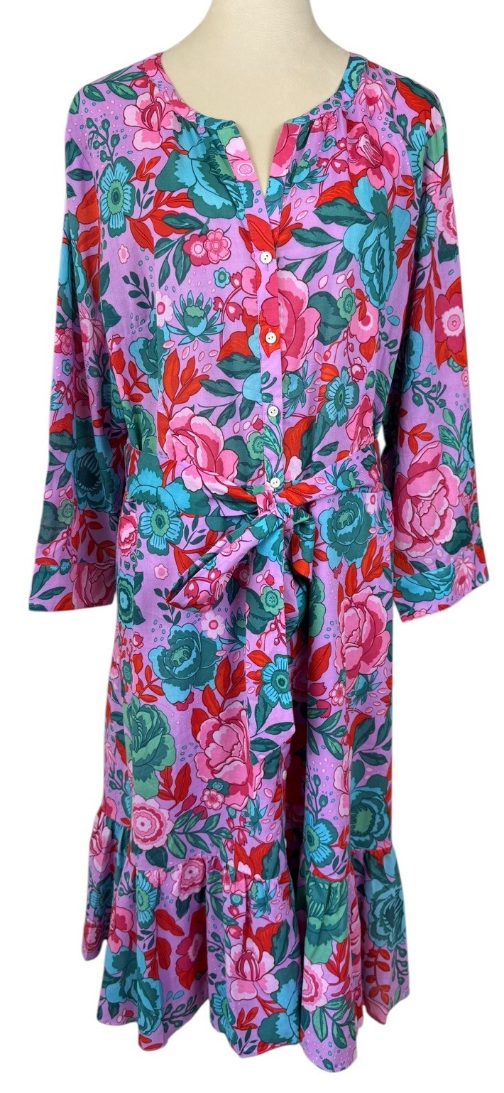 Talbots Floral Shirt Dress Midi Tie Waist Lightweight Cotton Lined Women 18 NWT