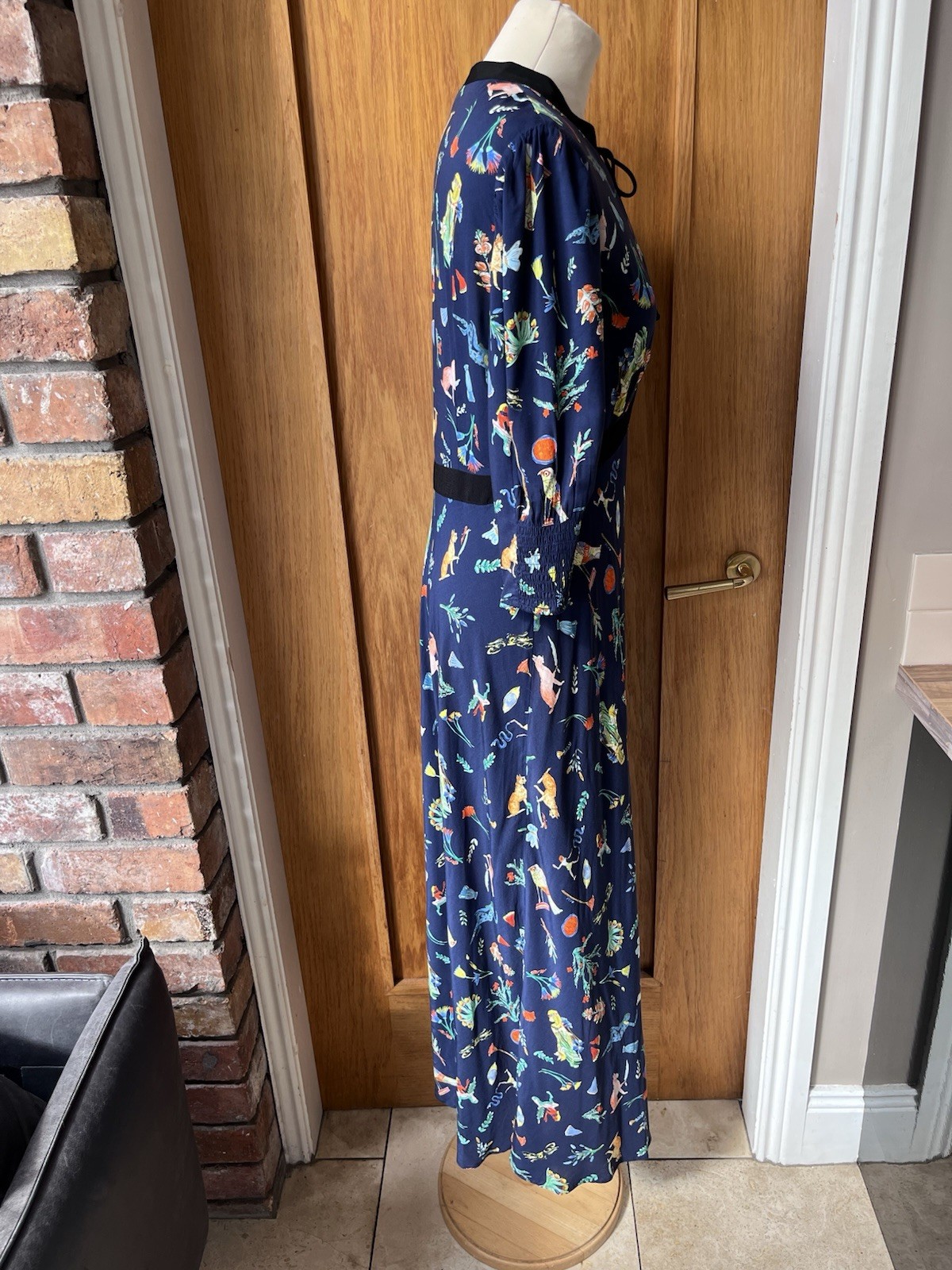 Rixo Petra Lotus Bloom Egypt Navy Keyhole Midi Dress UK 12 Size Medium