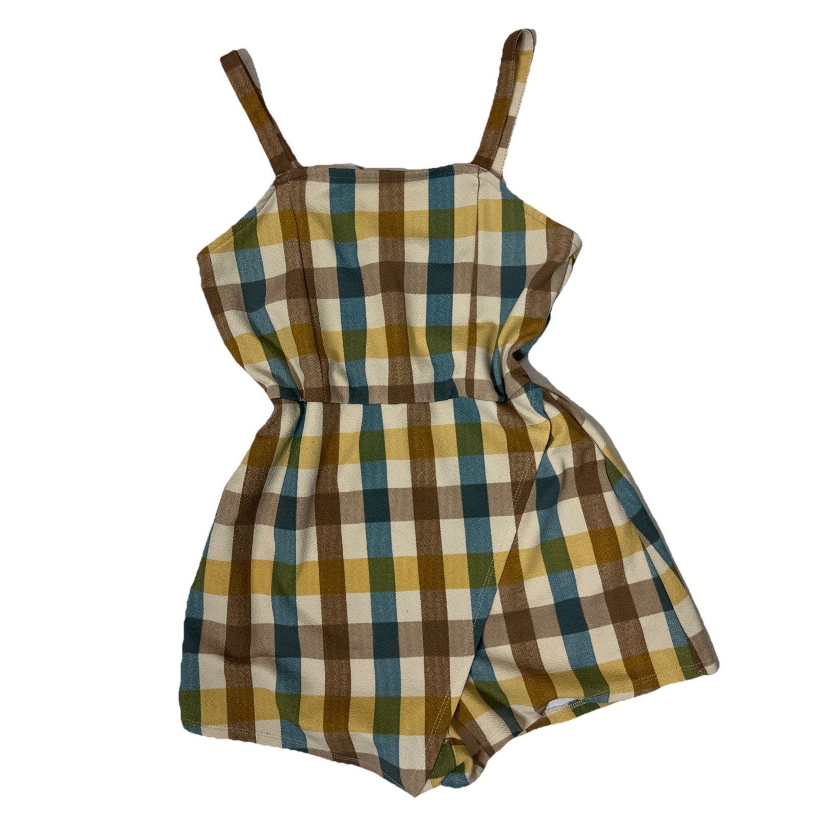 Vintage Almost Famous Plaid Romper Large Y2K Cottagecore Boho Sleeveless Wrap
