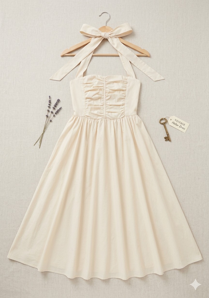Cider Beige Ruched Bow Halter Midi Dress Sweetheart Neckline Size L