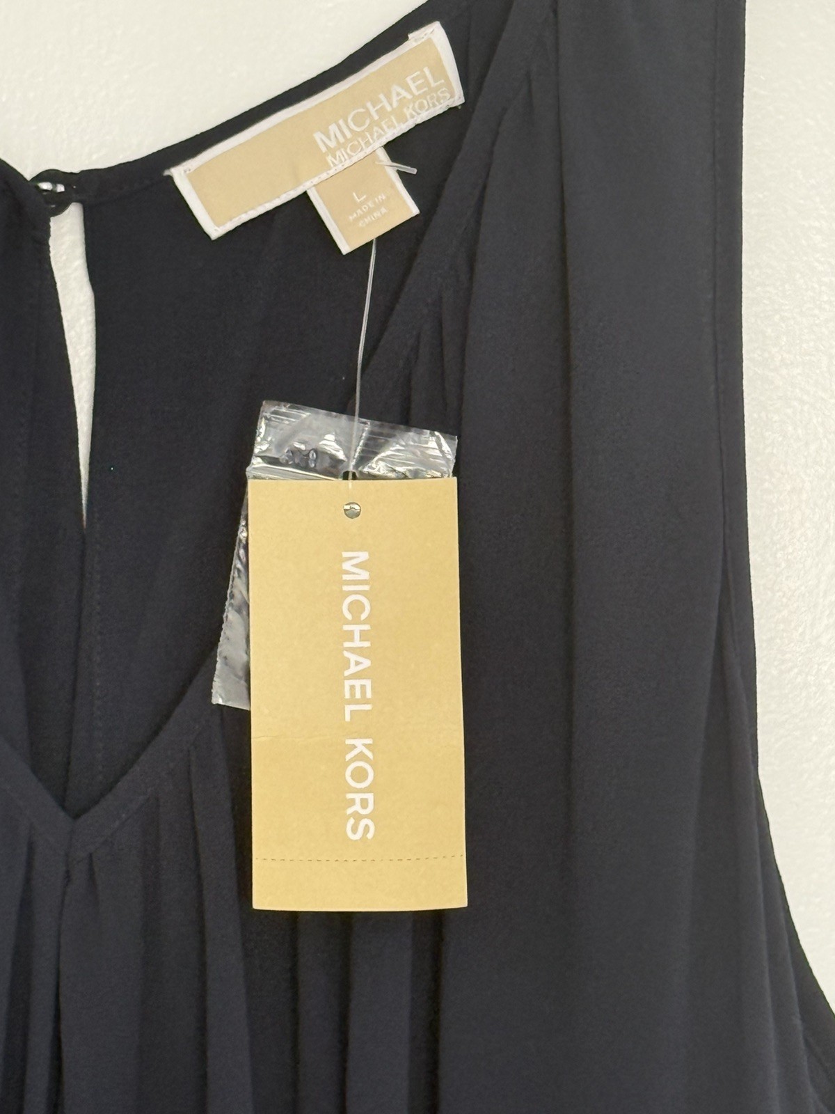 Michael Kors Navy Chiffon Sharkbite Hem V-Neck Midi Dress NWT Size Large