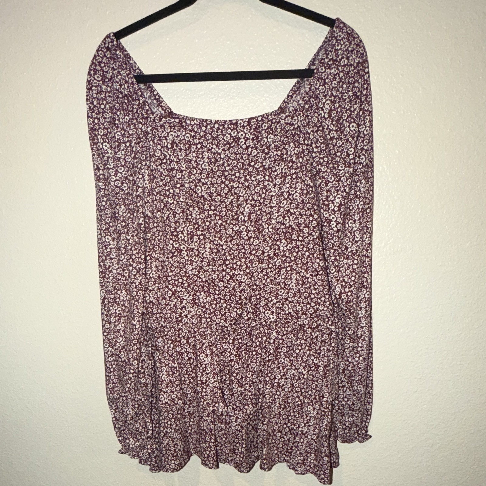 Arizona Jean Co Burgundy White Floral Smocked Ruffle Square Neck Mini Dress S