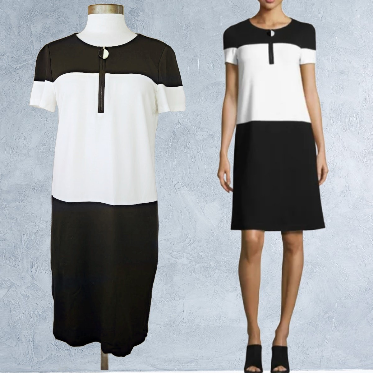 LAFAYETTE 148 Black White Colorblock Jersey Short Sleeve Shift Dress Size Medium