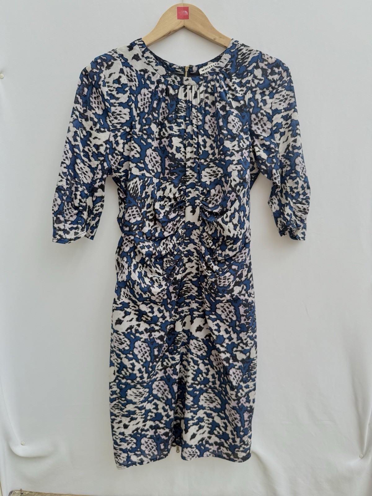 Whistles Silk Blend Ruched Dress Blue Abstract Print Zip Back Half Sleeve UK 10