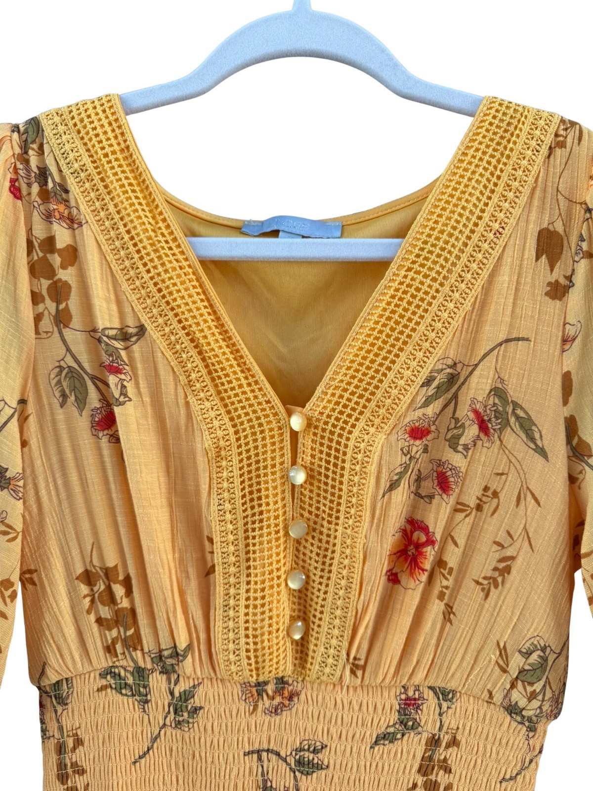 Boho Cottagecore Floral Midi Dress Smocked Waist Puff Sleeve Mustard M