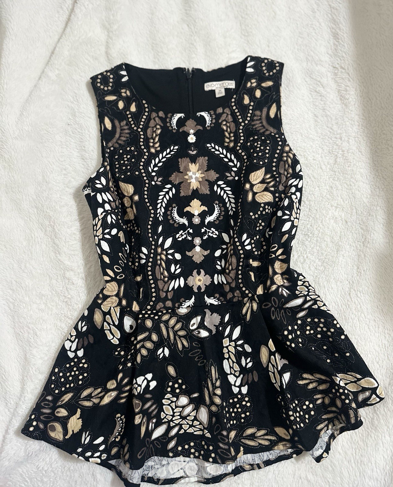 Eva Mendes Black Beige White Floral Round Neck Sleeveless Fit & Flare Top XS