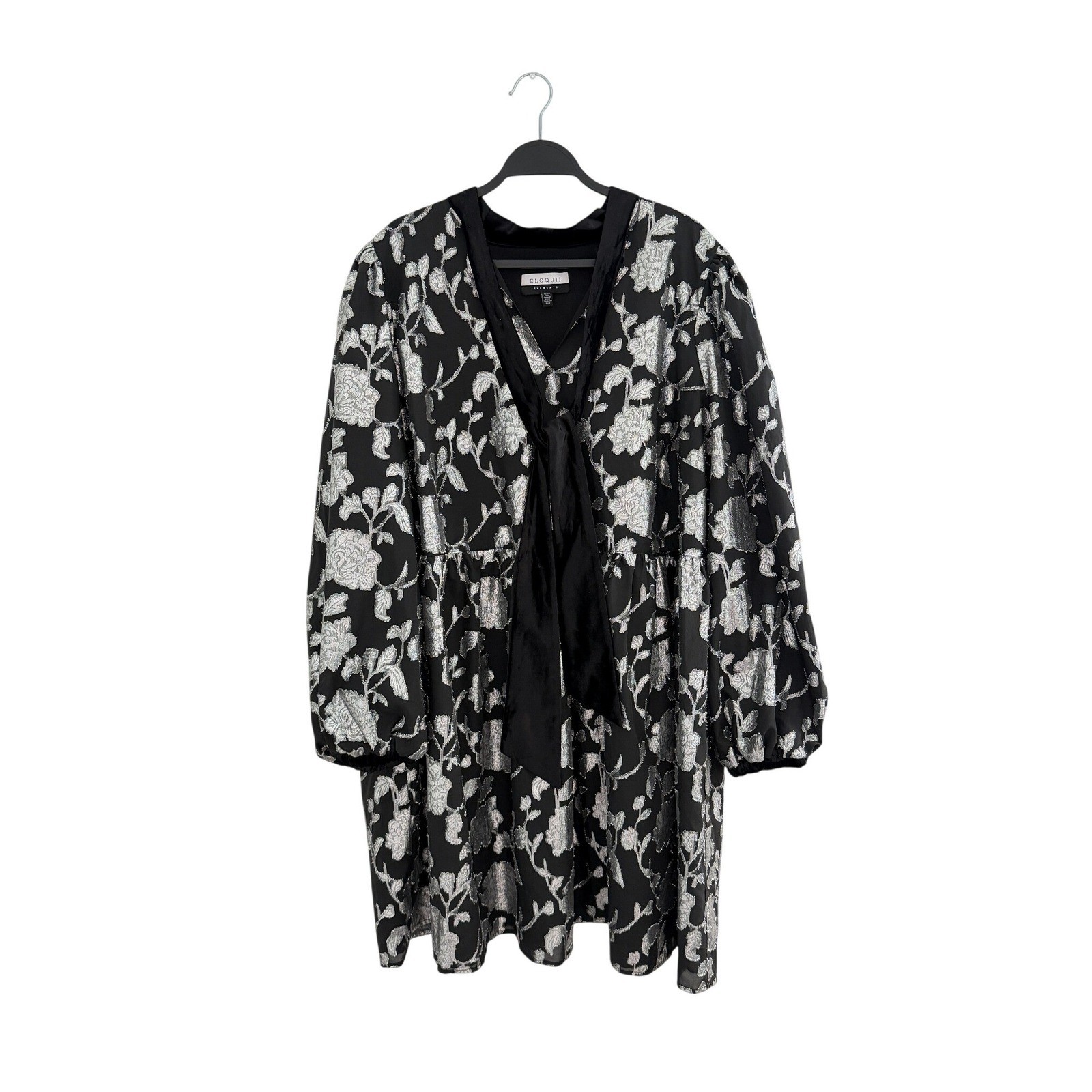 NWOT Eloquii Elements Neck Mini Dress Black Silver Floral Brocade Plus 20 2X