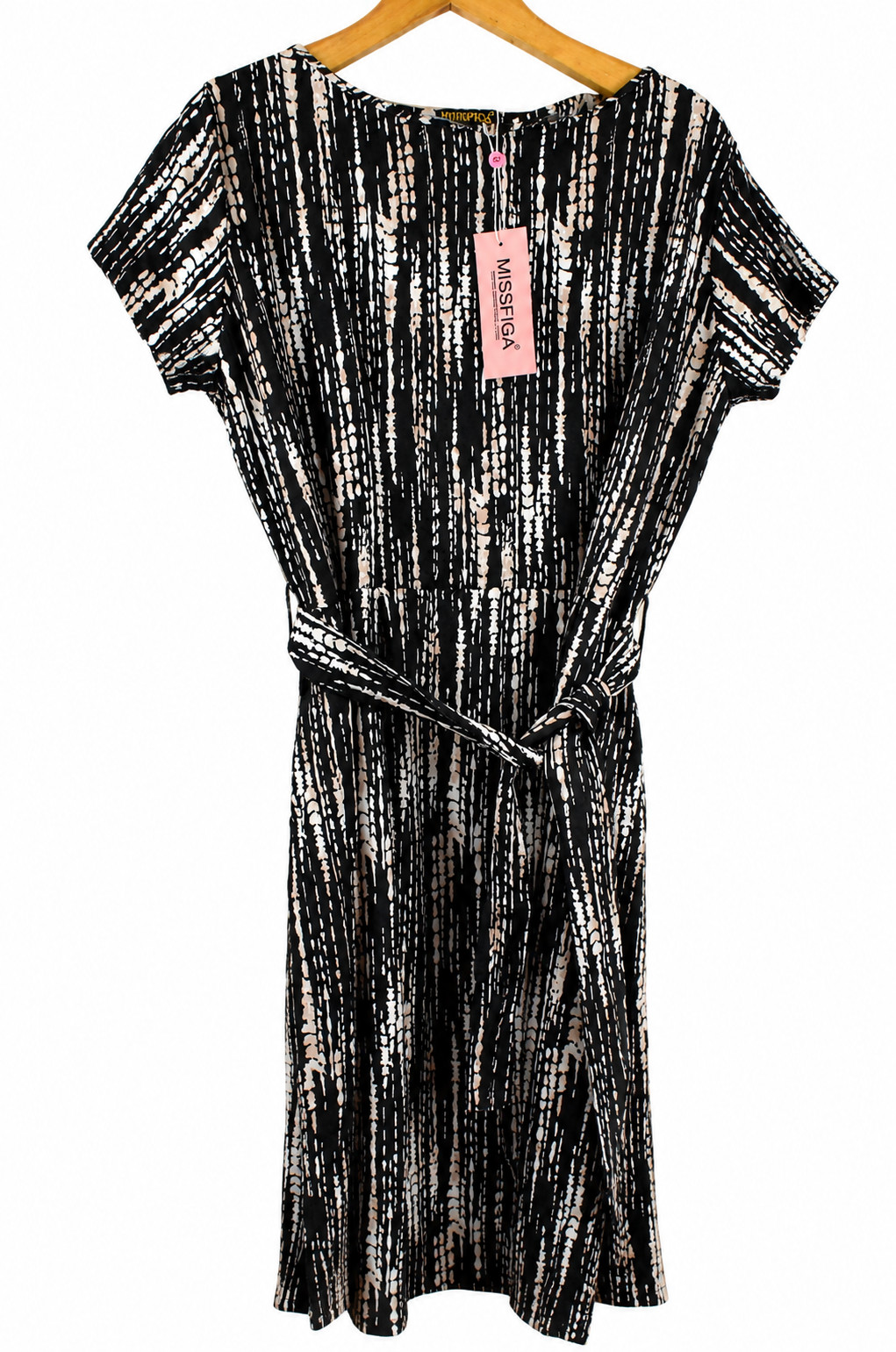 Missfiga Women’s Black Natural Abstract Belted Midi Dress Short Sleeve UK 18