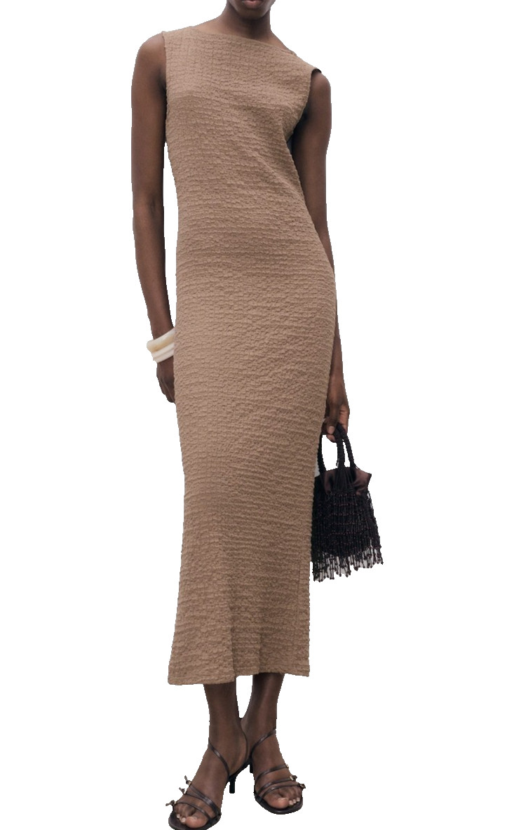 Mango Maxi Dress Size 4 Taupe Light Brown Textured Cotton Blend Back Slit NWT