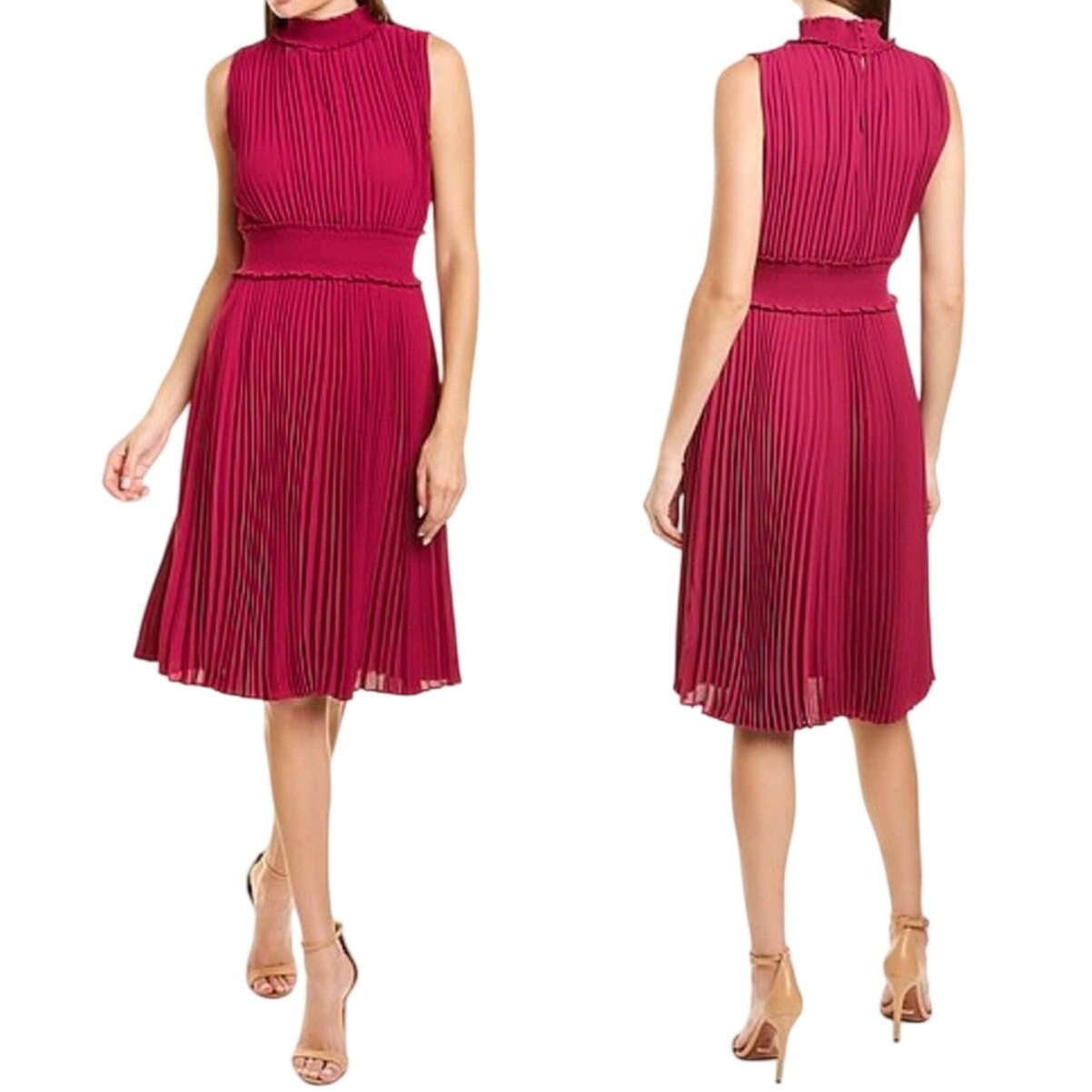 Nanette Lepore Pleated Mock Neck Smocked Waist Fit & Flare magenta pink Dress 4