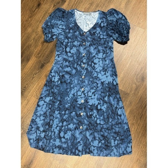 Susan Graver Womens Liquid Knit Blue Midi Dress Sz L Front Button Flowy Church
