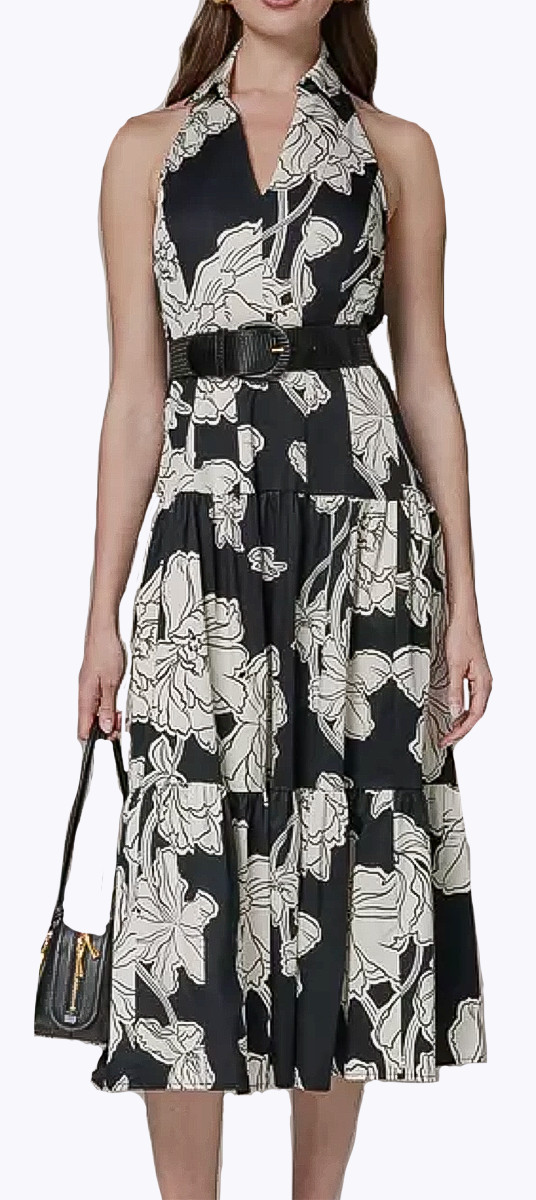 NWT Donna Karan NY Collared Halter A-Line Slvless Dress, 12, Black/Cream, $199