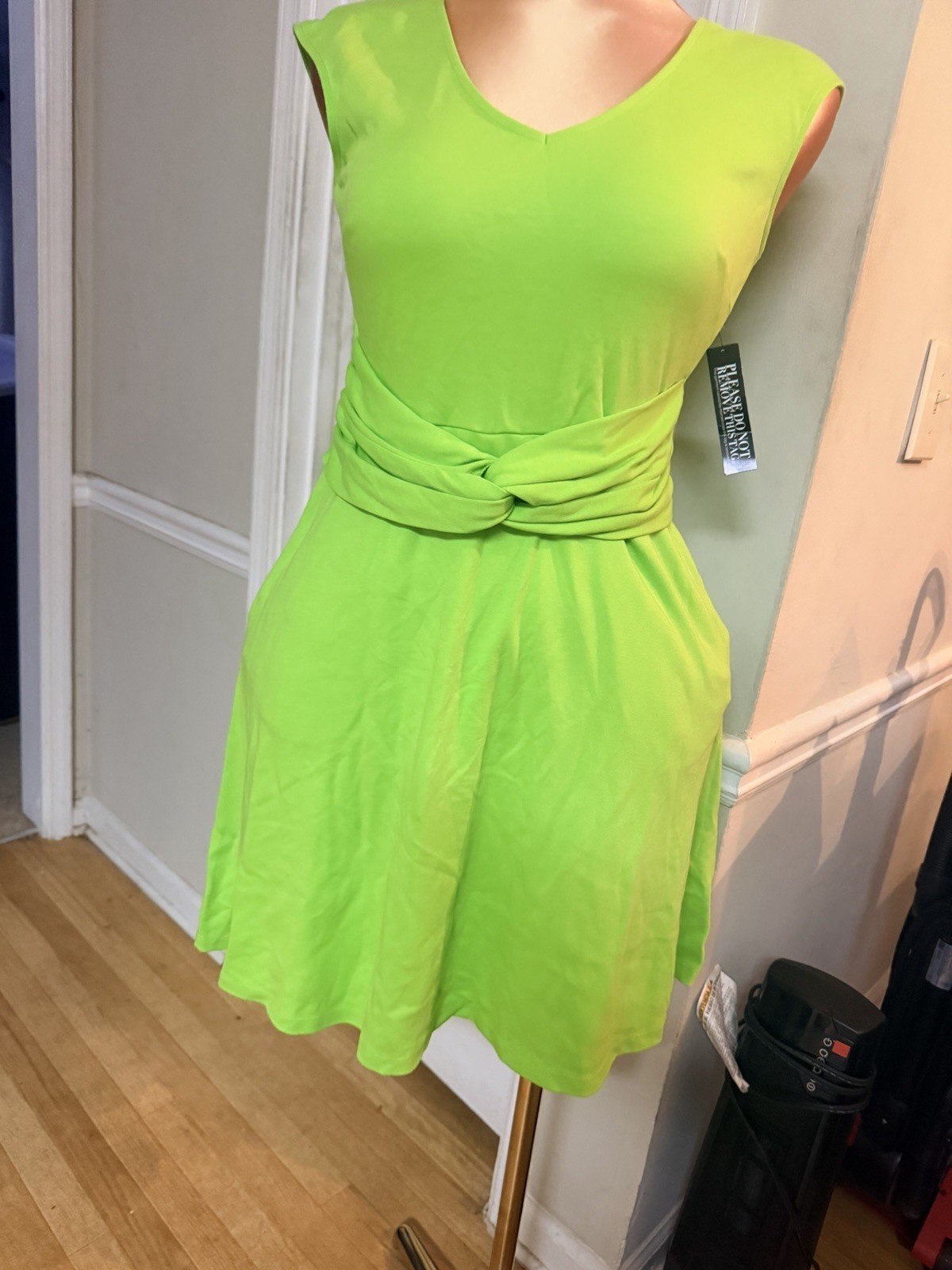 NY&C Green Knit Polyester Fit & Flare Dress Sleeveless V-Neck Belted S