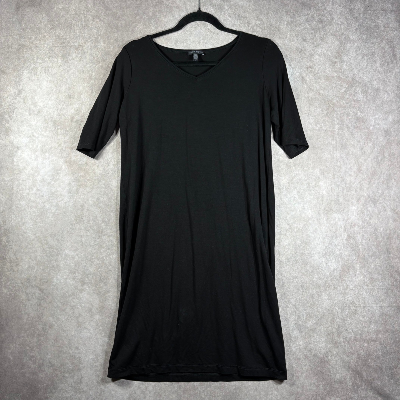Eileen Fisher T Shirt Dress Womens Small Black Short Sleeve Minimalist V-Neck