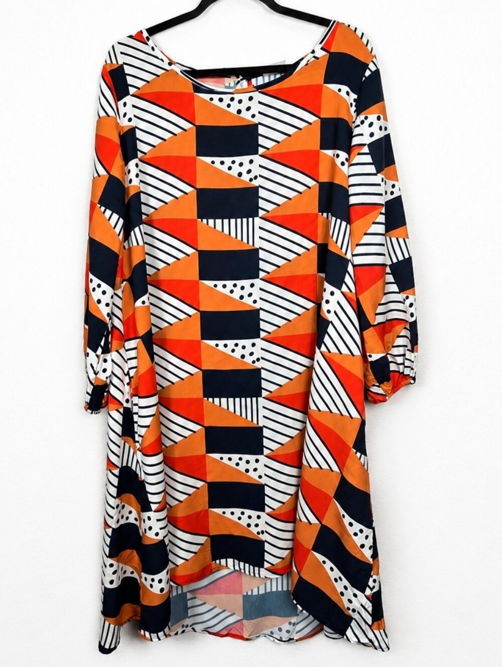 The Odells XL Geometric Mod Tunic Dress Orange Navy Balloon Sleeve Retro Midi