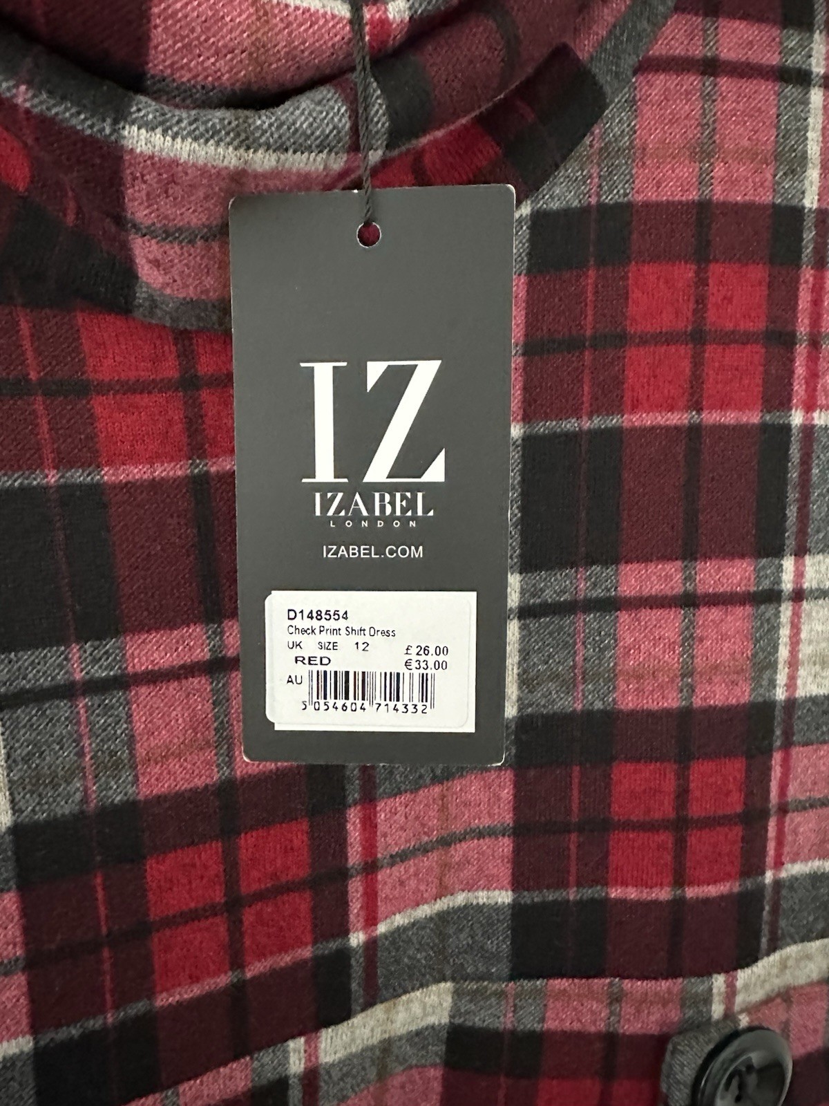 IZABEL LONDON. BNWT. RED CHECK PRINT SHIFT DRESS KNIT. SIZE 12