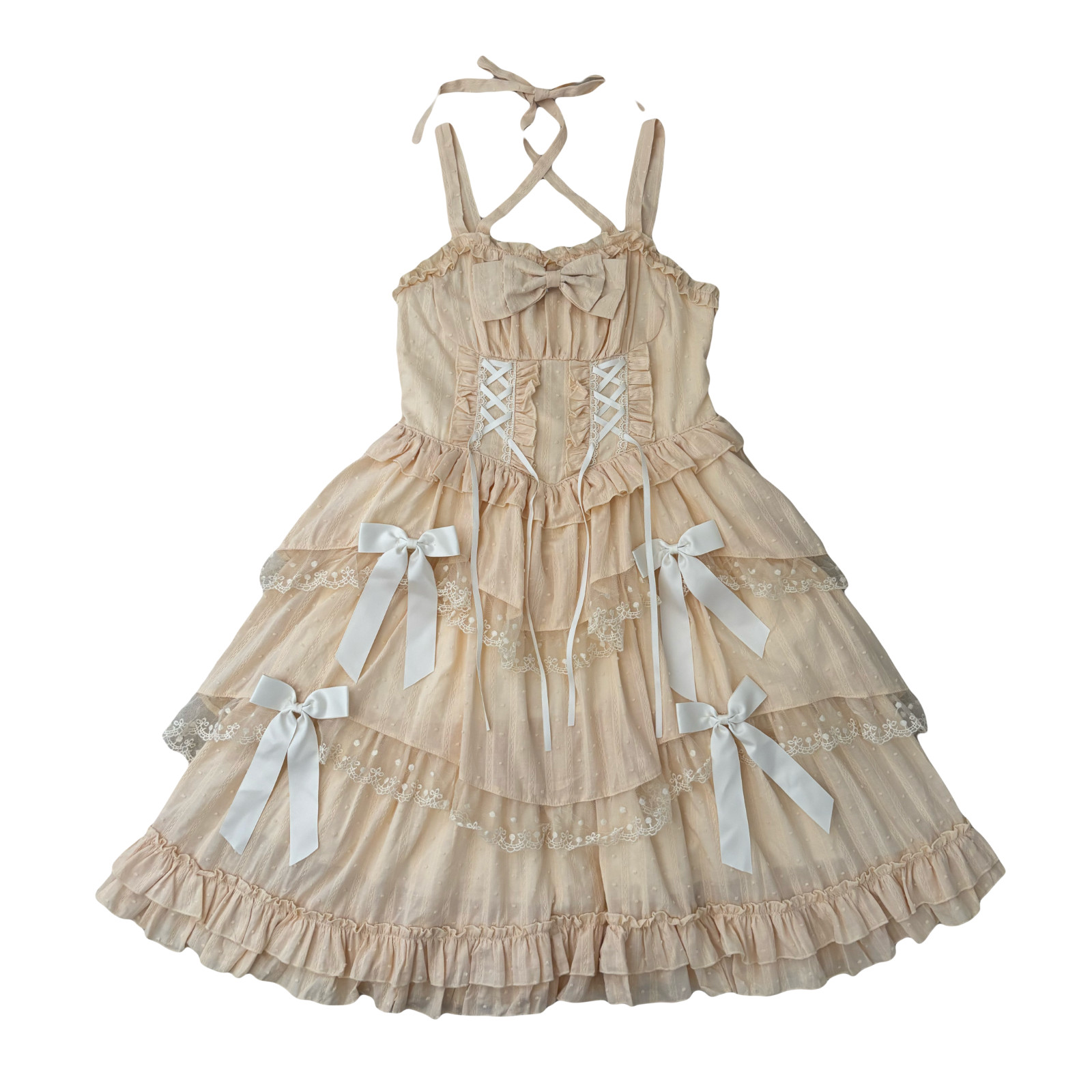 Lolita jacquard cotton tiered dress with bow detail
