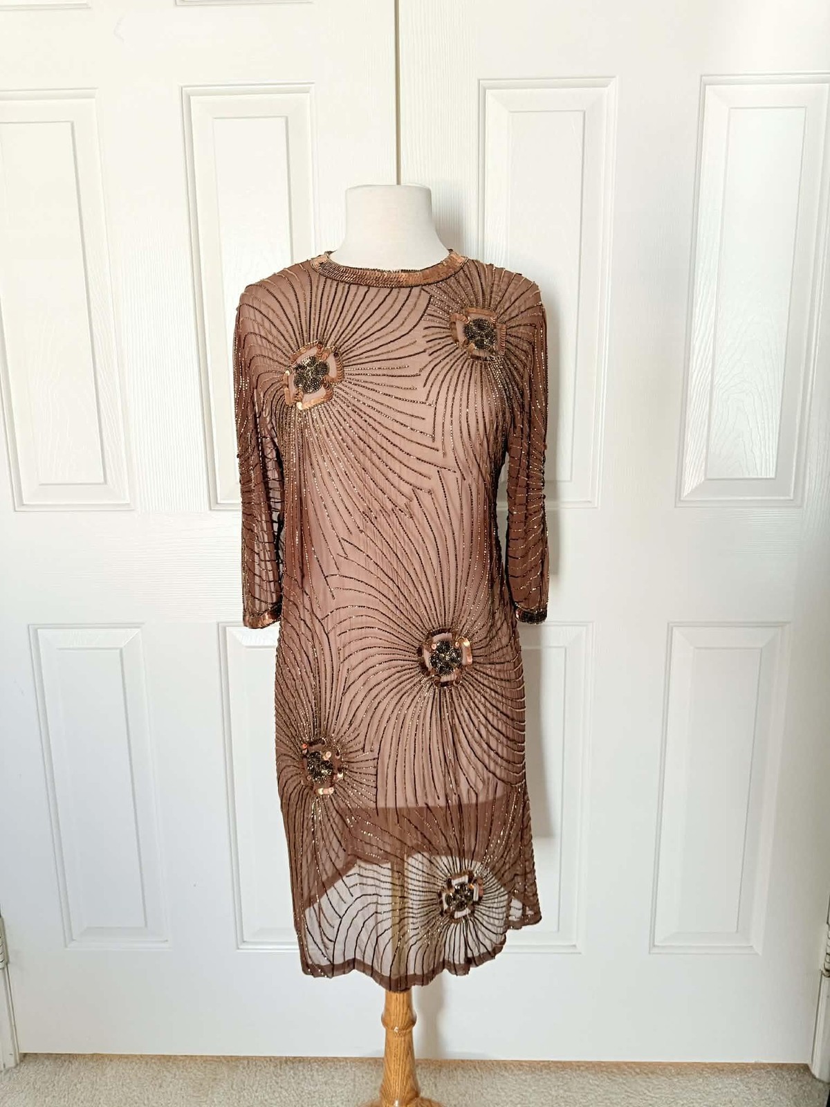 VTG Beaded Silk Dress Womens Medium Brown Sheer Shift Sequin 3/4 Sleeve Cocktail