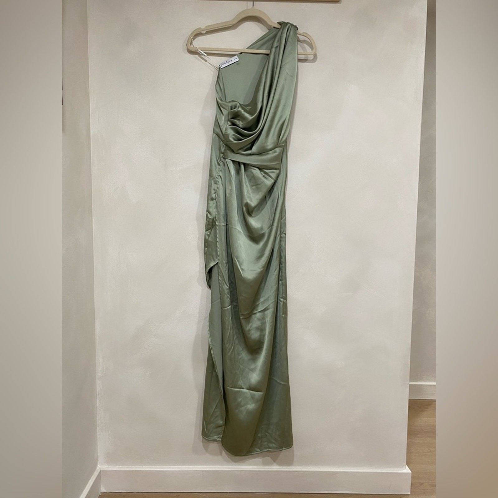 Nadia One-Shoulder Satin Maxi Dress Petal & Pup Sage Size 4 NWI