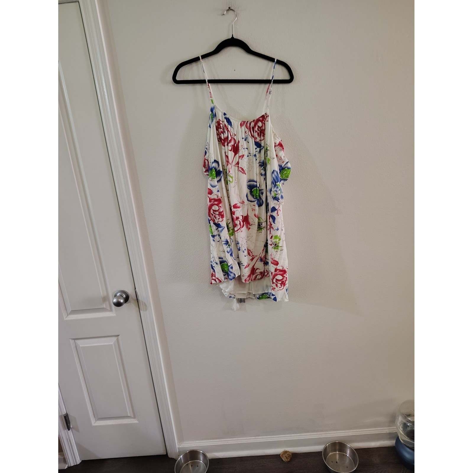Kori America Floral Cold Shoulder Mini Dress White Red Blue Boho Small NWT