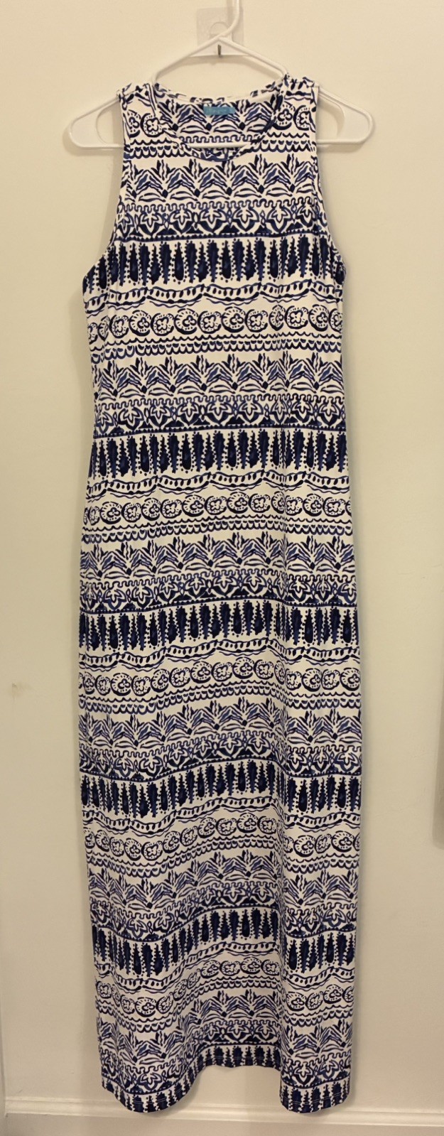J. McLaughlin Women’s Blue White Sleeveless Midi Dress Size Medium Stretch Knit