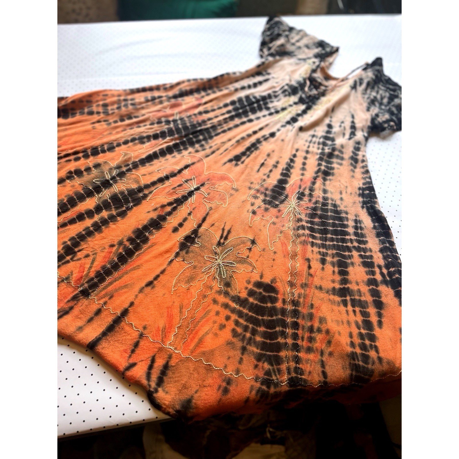 Boho Tie Dye Palm Tree Embroidered Maxi Dress Festival Beach Cover Up