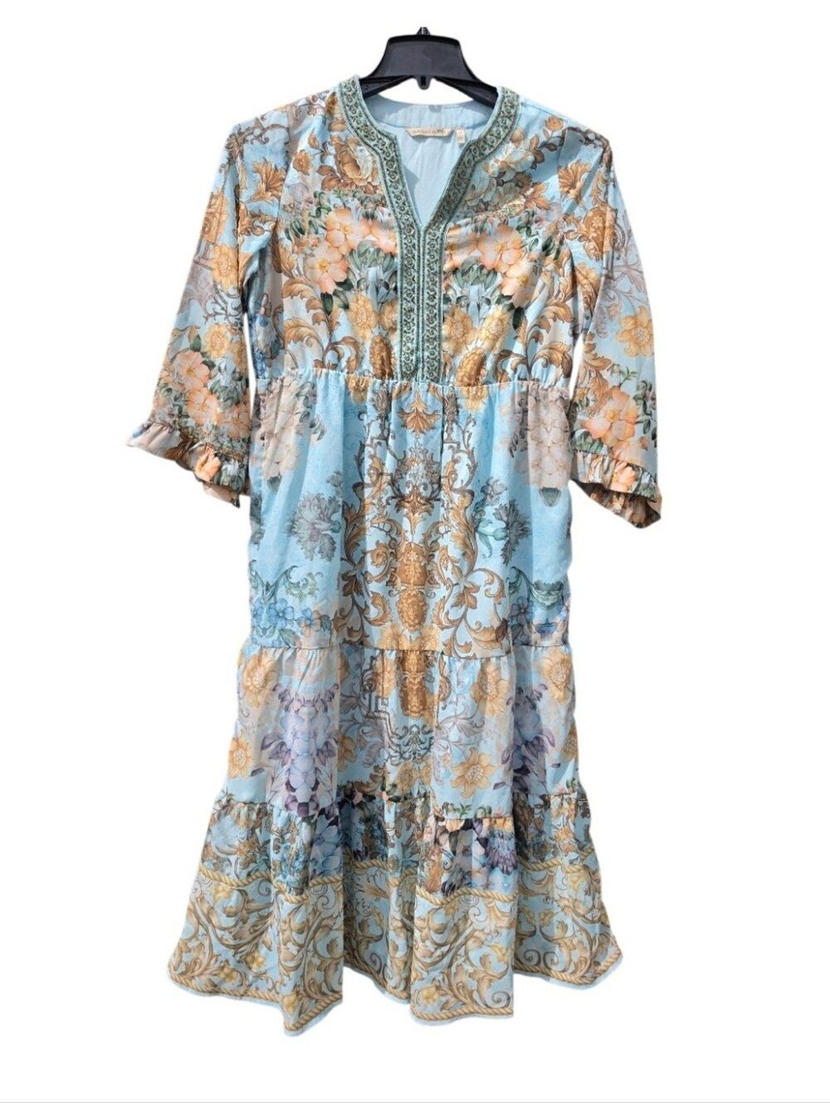 Soft Surroundings Petite Small Light Blue Floral Beaded Tiered Maxi Dress