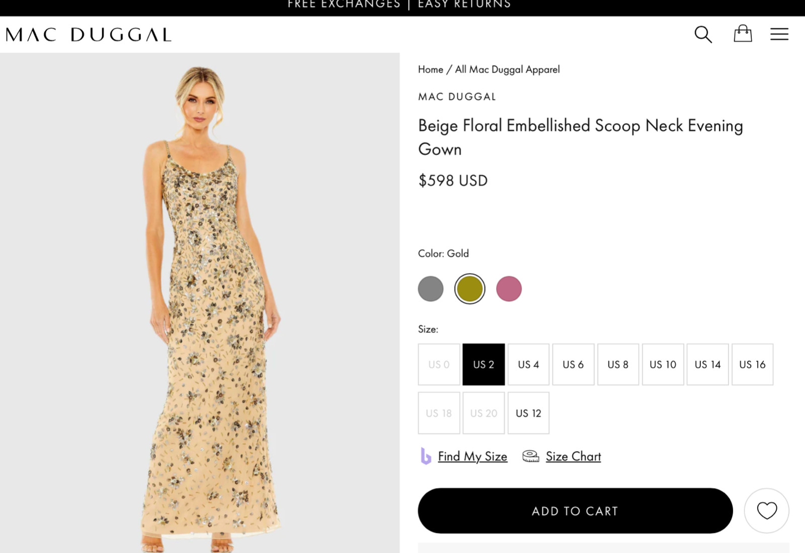 NWT Mac Duggal [ 2 ] 5477 Floral Embellished Scoop Neck Evening Gown Gold J1404