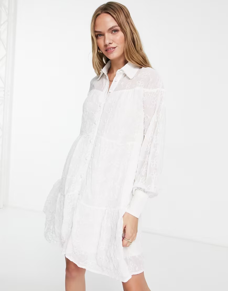RIVER ISLAND Embroidered Shirt Dress In White UK 6 EUR 32