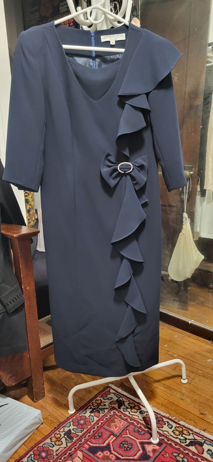 LILY & TAYLOR New York Navy Blue Side Ruffle Bow & Rhinestones Midi Dress 4