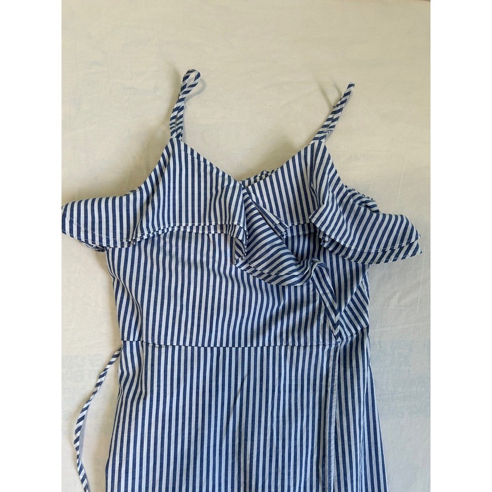 Blue White Striped Ruffle Cold Shoulder Midi Dress with Pockets and Belt