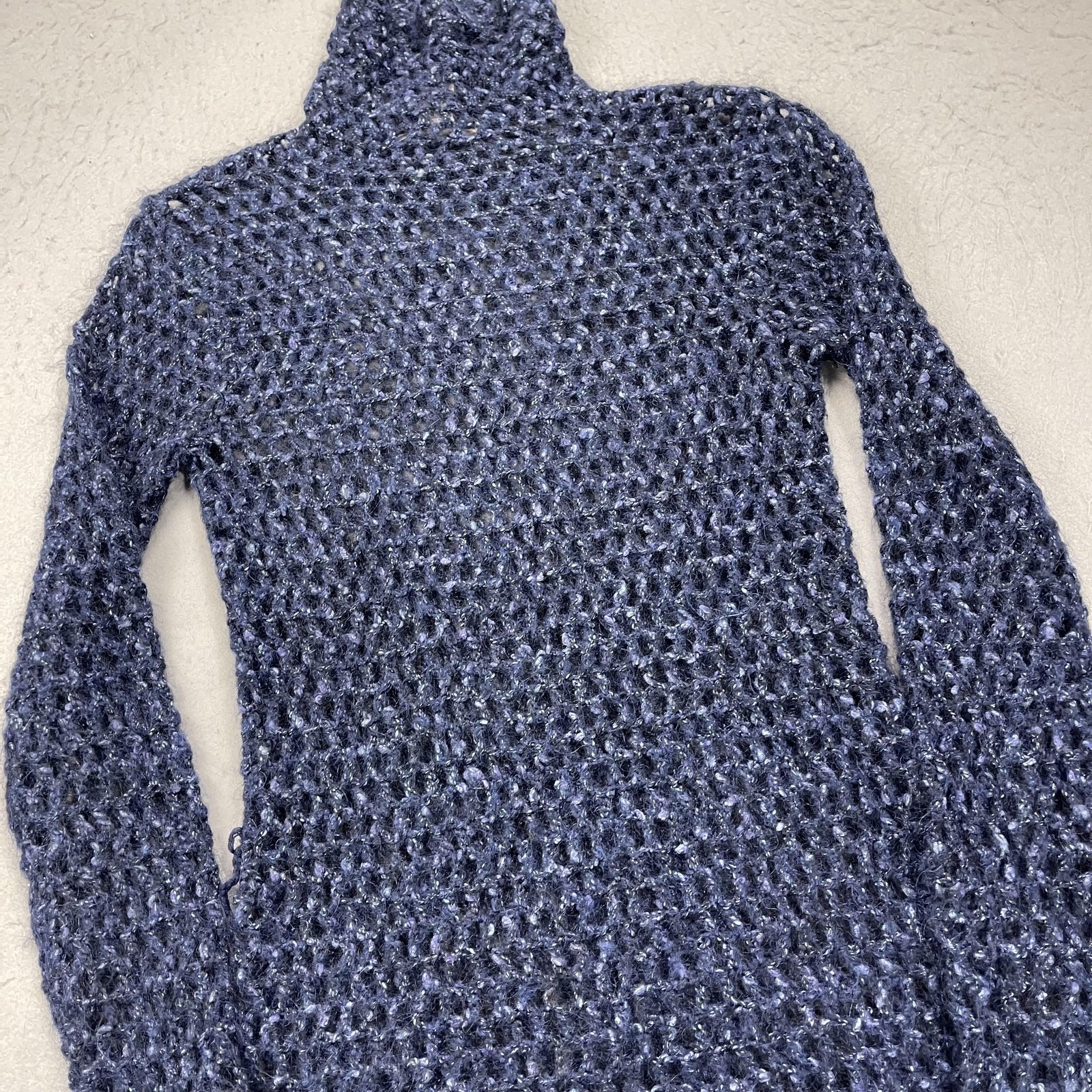 Free People Sweater Dress Womens Medium Blue Mohair Open Knit Sheer Turtleneck