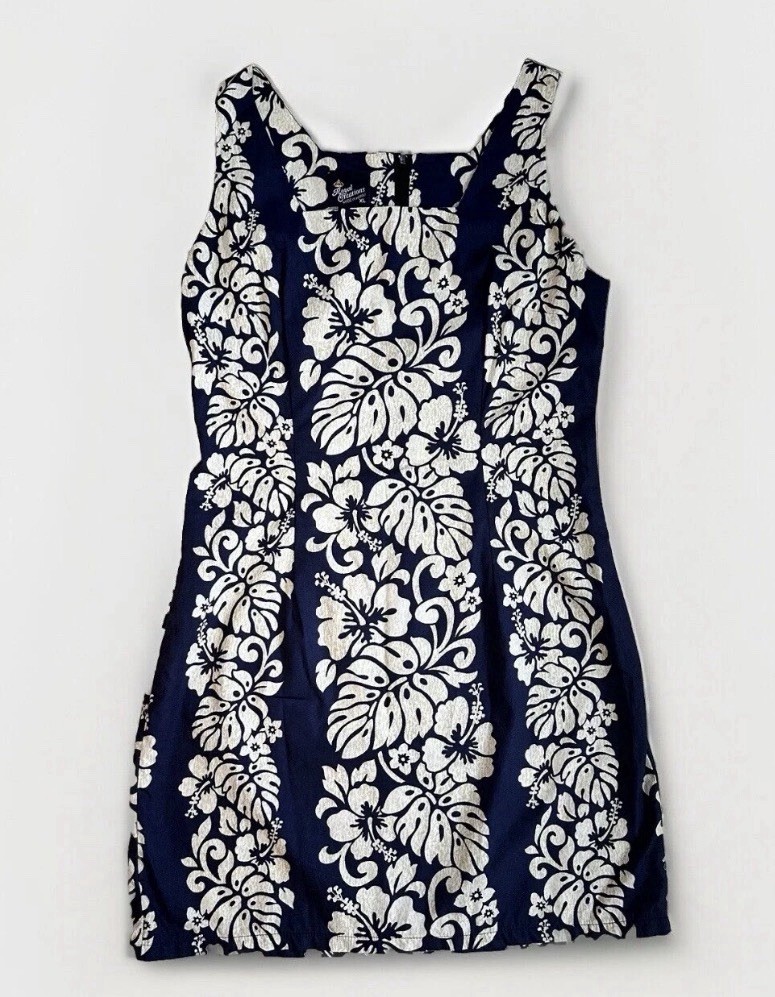 Royal Creations Dress XL Navy Blue Floral Hawaiian Sheath Dress Hibiscus Aloha