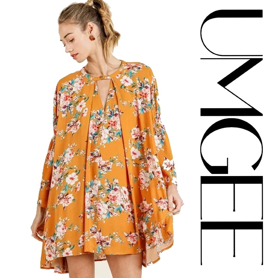 S or L UMGEE AMBER Floral Print Bell Sleeve Keyhole Button Dress/Tunic BHCS