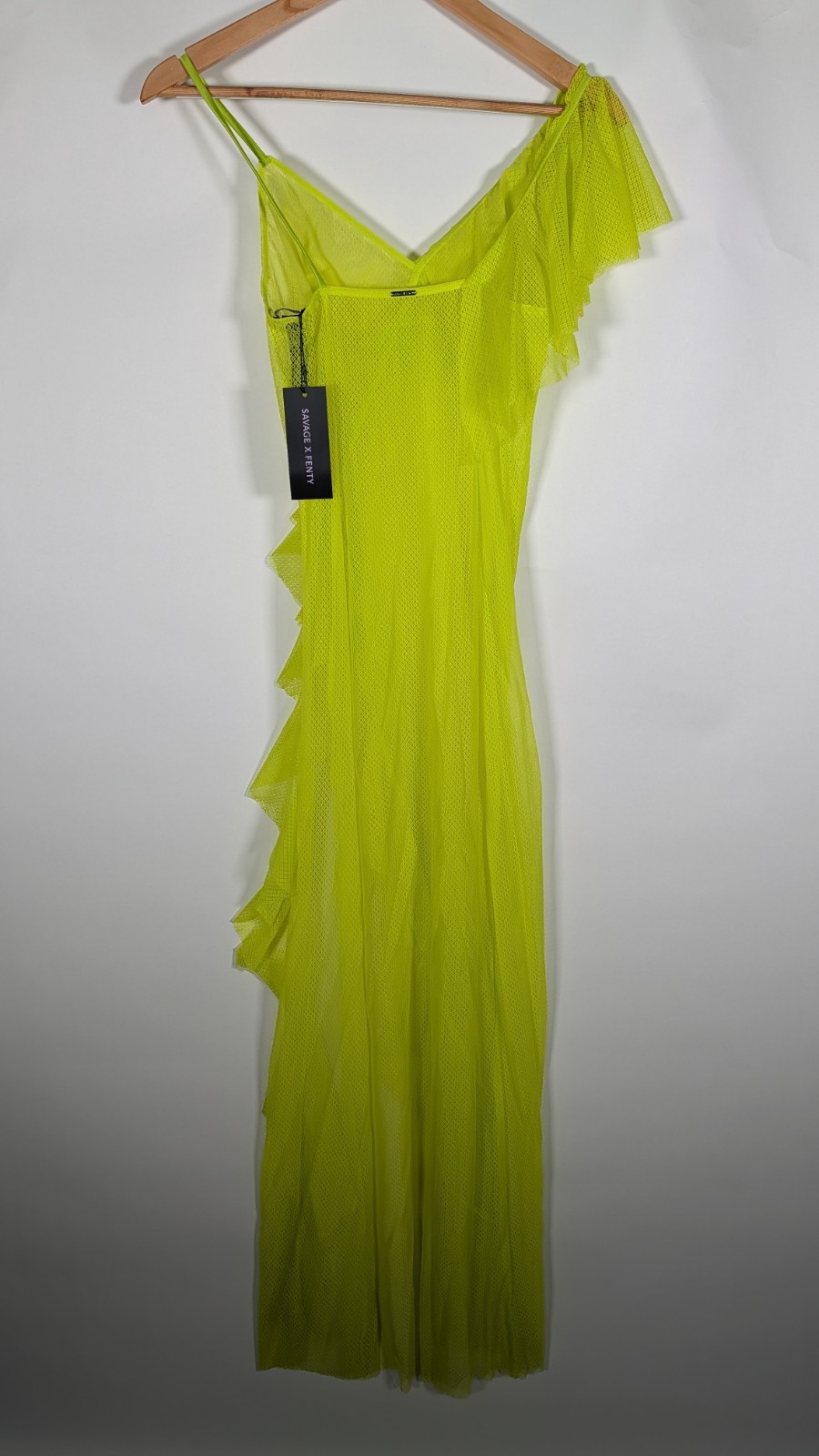 Savage X Fenty Neon Yellow Mesh Dress One Shoulder Ruffle Detail Size L NEW NWT