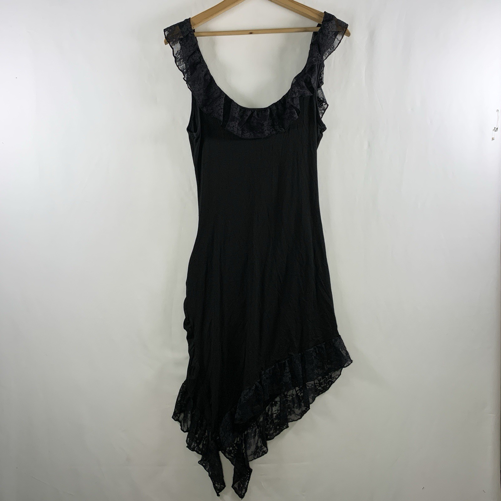 Whimsigoth Asymmetrical Lace Ruffle Drawstring Side Midi Dress Sz S Fairy Grunge