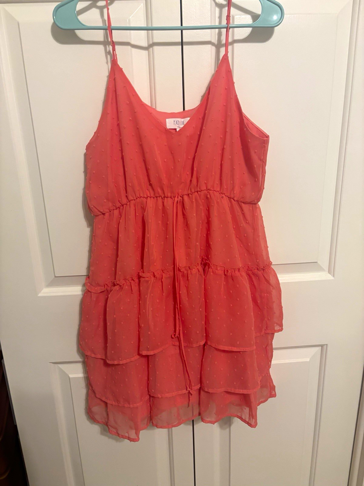 Peach Love Coral Solid V-Neck Sleeveless Strappy Ruffle Tiered Short Dress L