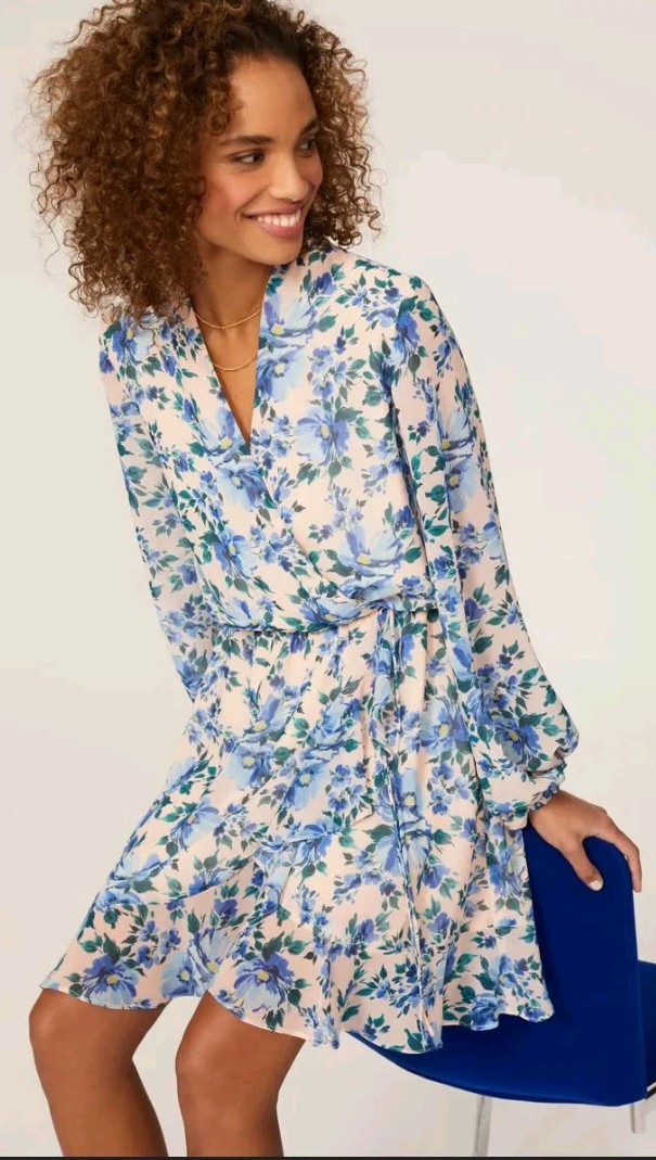 Alexia Admor Kathryn Blue Floral Mini Dress V Neck Long Sleeve Ruffle SZ 12 NWT