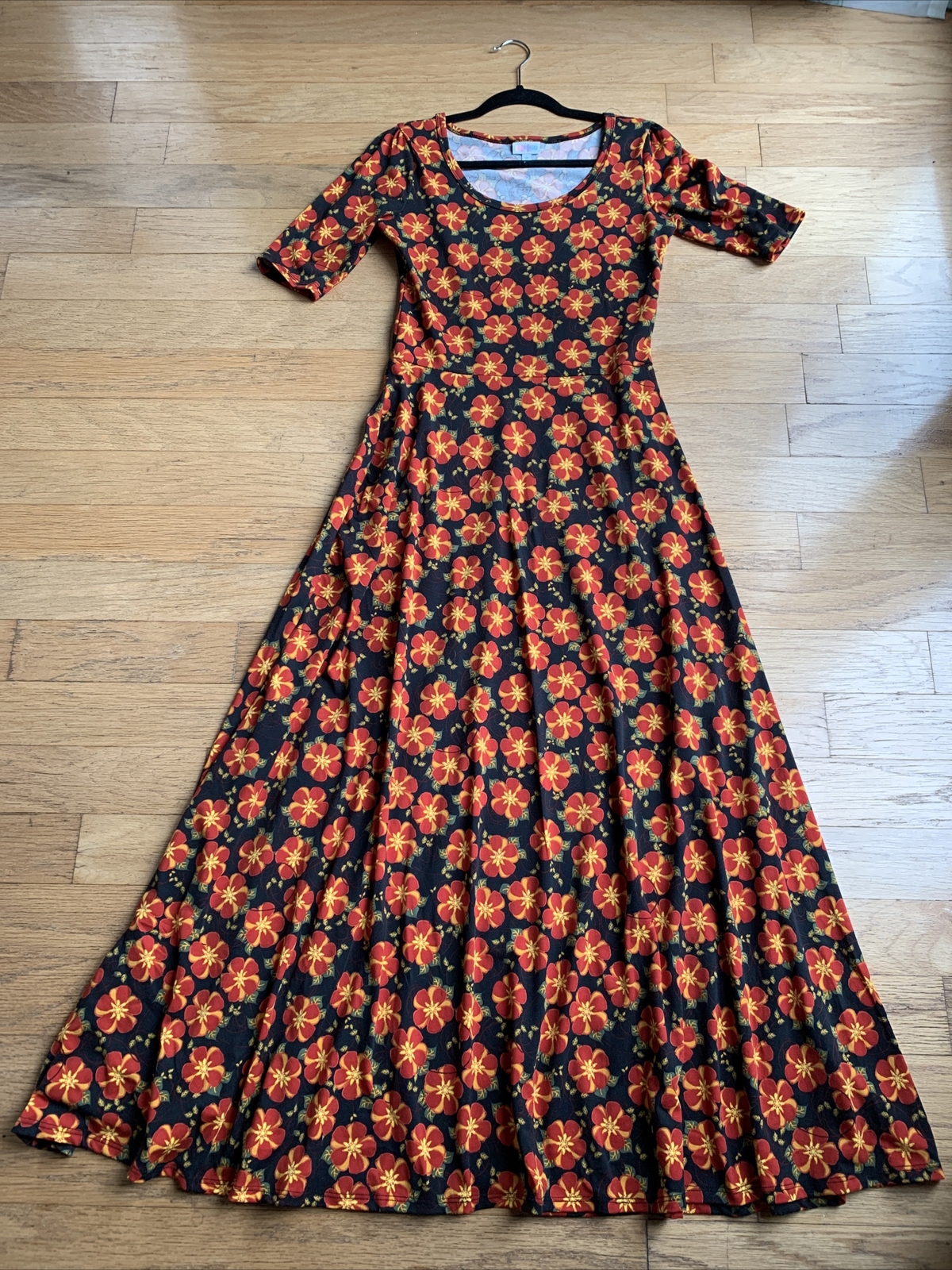 Lularoe Ana Dress Medium M Floral Green Red Black Yellow Orange Morning Glory