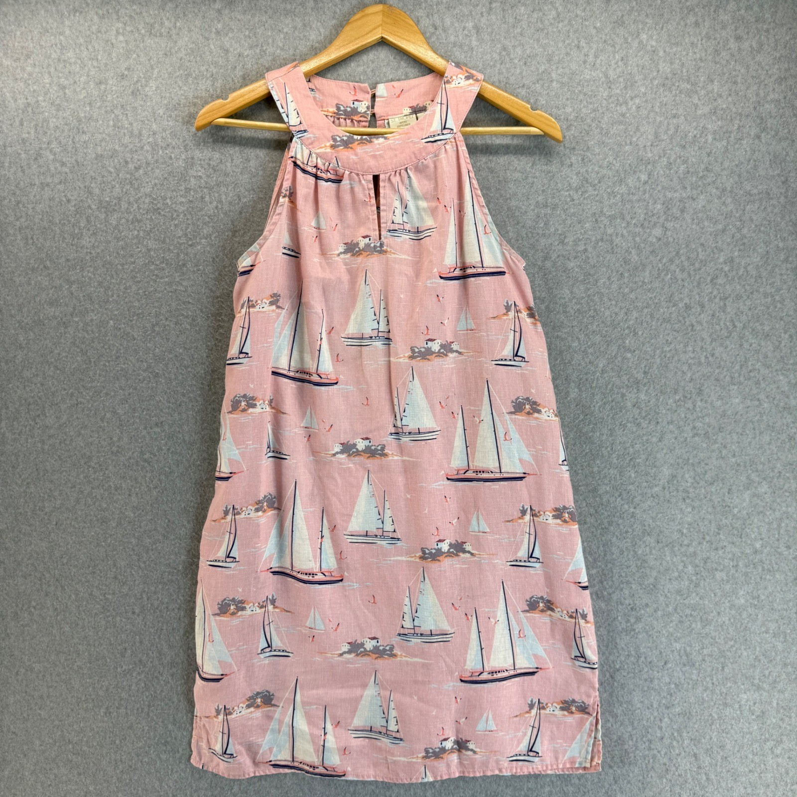 St. Tropez West Pink Linen Sailboat Sleeveless Halter Dress Nautical Women Small