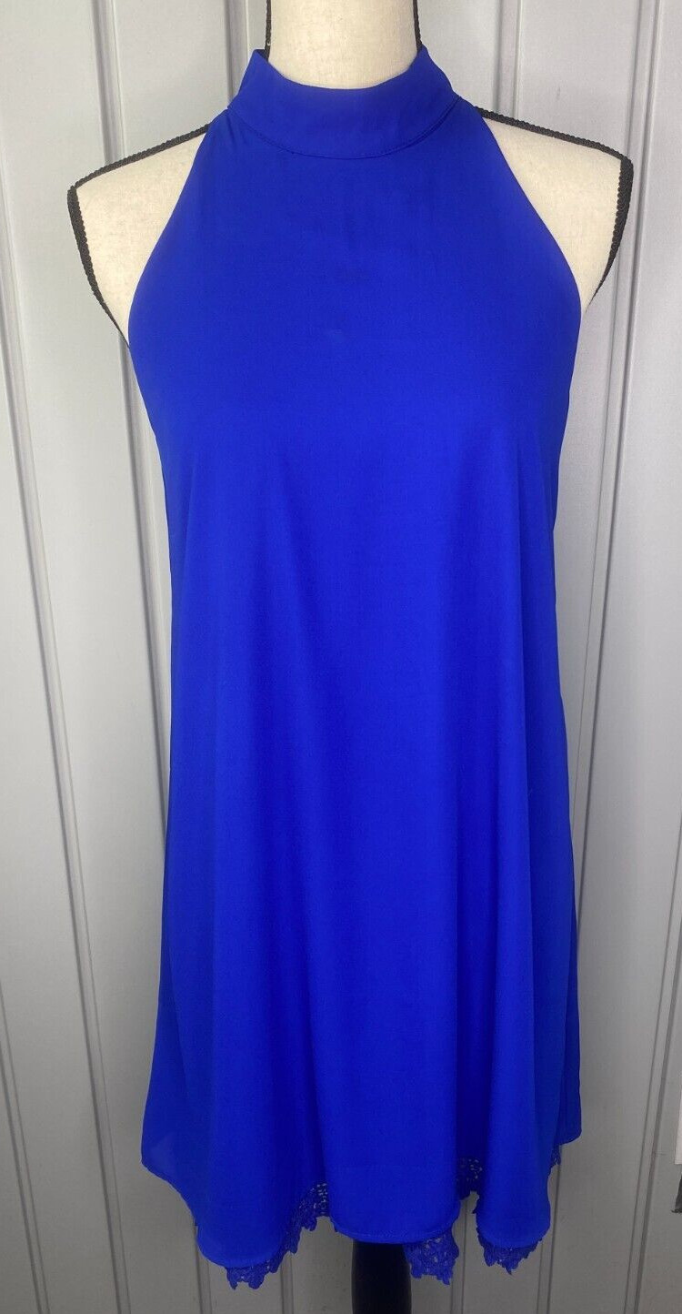 Altard State Cobalt Blue Halter Dress Size Medium Open Back Lace Edged Lining