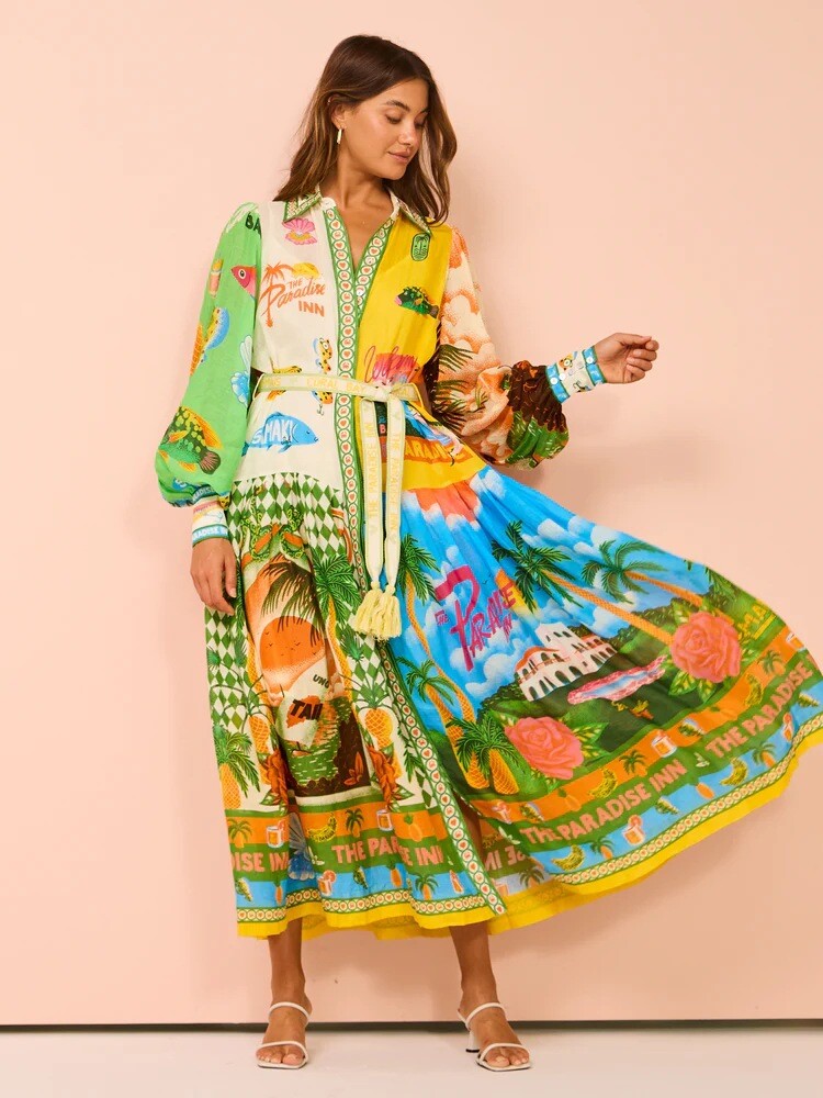 Women’s Boho Maxi Long Sleeve Linen Dress Summer Party Cocktail Beach Sundress