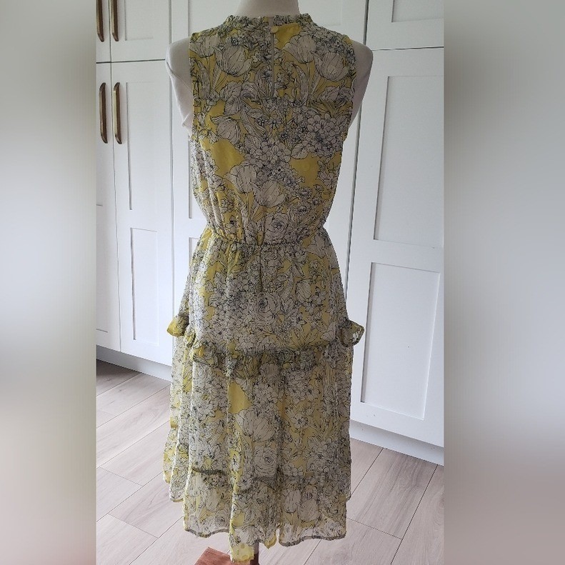 Monteau Rayon Dress Womens Small Yellow Floral Midi Tiered Ruffle Mock Neck