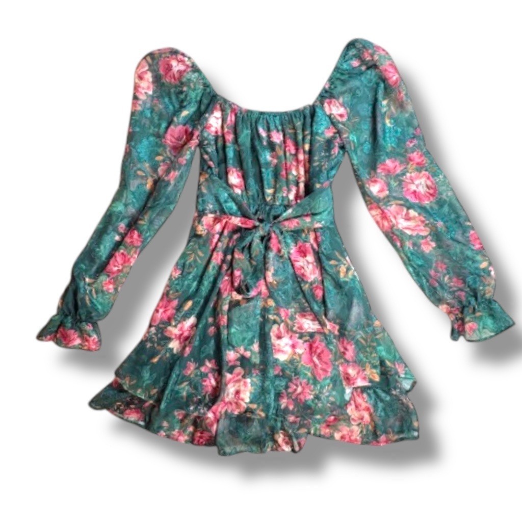 Allison & Kelly Floral Print Sweetheart Neck Long Sleeve Corset Bodice Dress XS