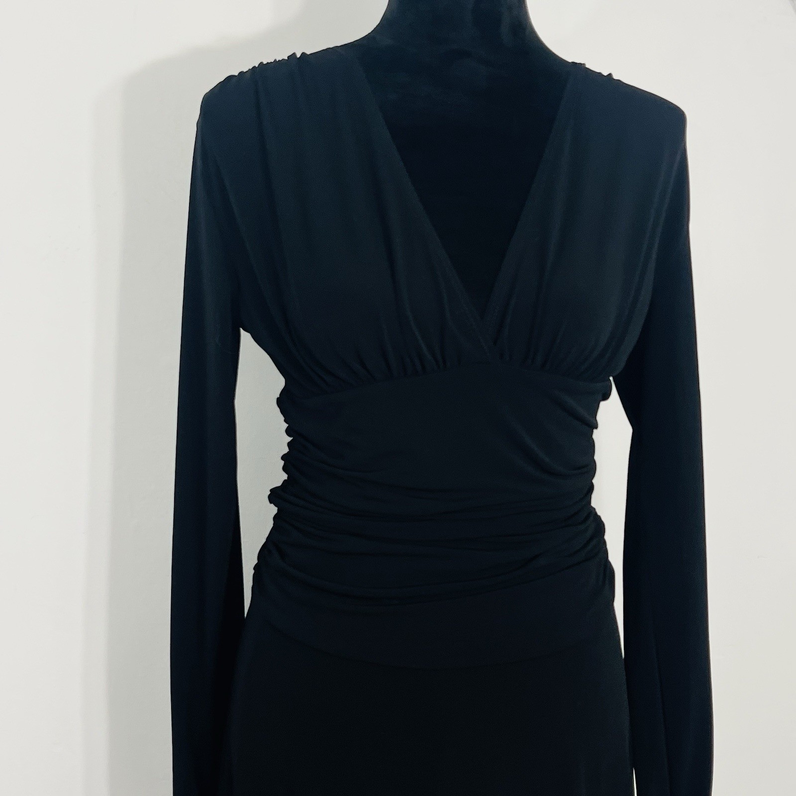 Shape FX V Neck Long Sleeve Ruched Maxi Slimming Body Hugging Sleek Silhouette